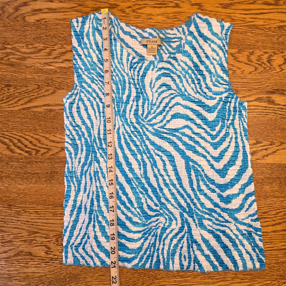 Vintage Plisse M Stretch Teal Animal Zebra Crepe Crinkle Textured Tank 90s Y2K - Picture 6 of 9